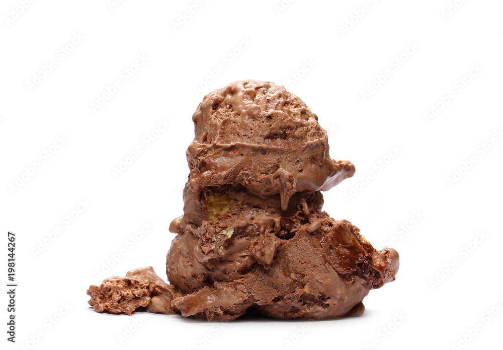 Chocolate ice cream balls, scoops isolated on white background Chocolate ice cream balls, scoops isolated on white background