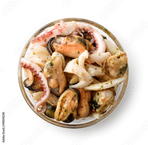 Top view of lass bowl with seafood mix