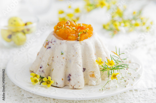 Paskha. Traditional Russian Easter cottage cheese dessert with candied fruits and nuts