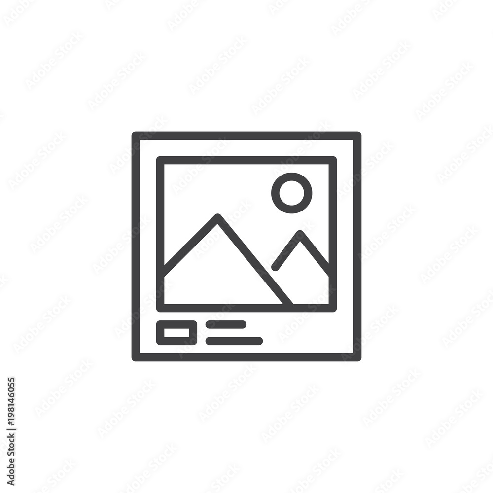 Photo frame landscape outline icon. linear style sign for mobile concept and web design. Landscape picture with mountain and sun simple line vector icon. Symbol, logo illustration Photo frame landscape outline icon. linear style sign for mobile concept and web design. Landscape picture with mountain and sun simple line vector icon. Symbol, logo illustration