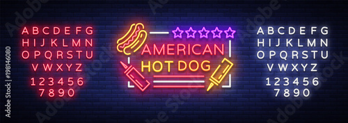 Hot dog logo in neon style design template. Hot dog neon signs, light banner, neon symbol fast food emblem, American food, bright night advertising. Vector illustration. Editing text neon sign