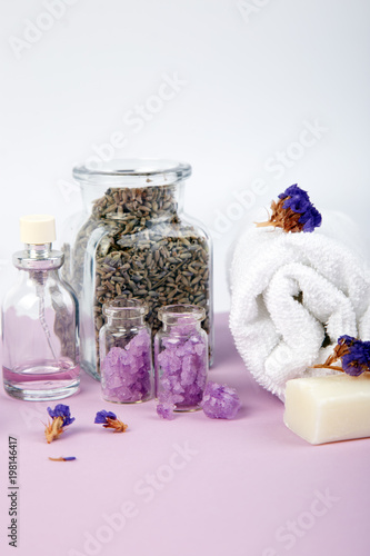 Spa concept. Aromatic candles  soap beauty and Spa cosmetic