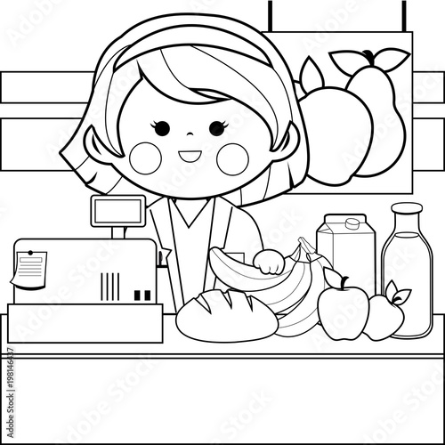 Grocery store employee at the counter. Vector black and white coloring page.