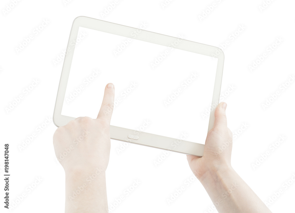 hands holding pc tablet isolated on white. hands holding pc tablet isolated on white.