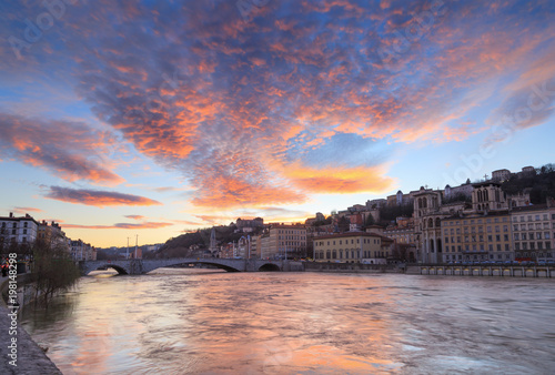 A colorful dusk over the Saone river and Vieux-Lyon. Lyon, France. photo