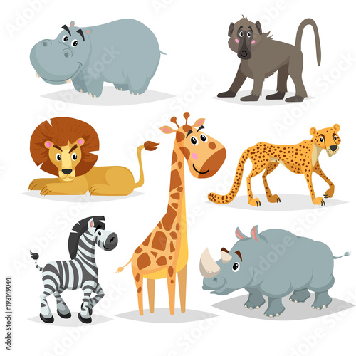 African animals cartoon set. Hippo  baboon monkey  lion  giraffe  cheetah  zebra and rhino. Zoo mammal collection. Vector illustrations isolated on white background.