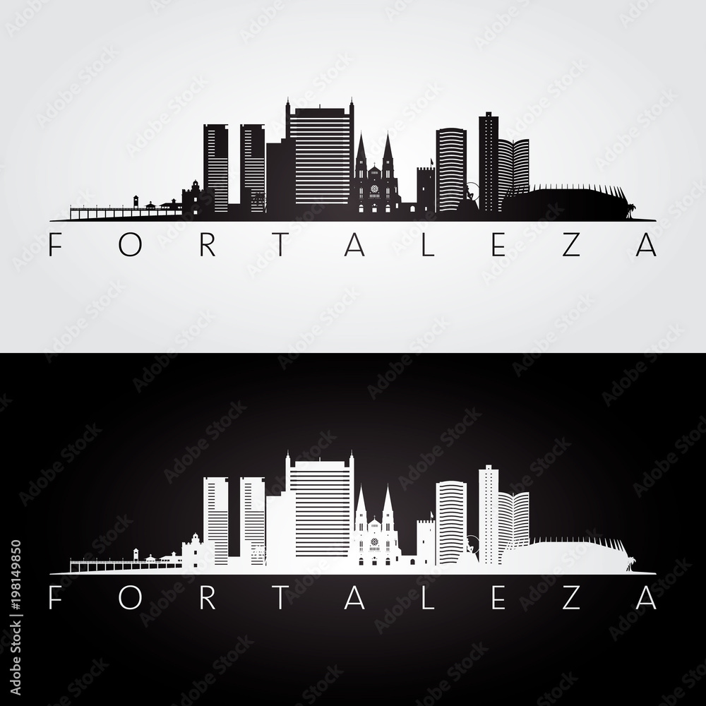Fortaleza skyline and landmarks silhouette, black and white design, vector illustration.