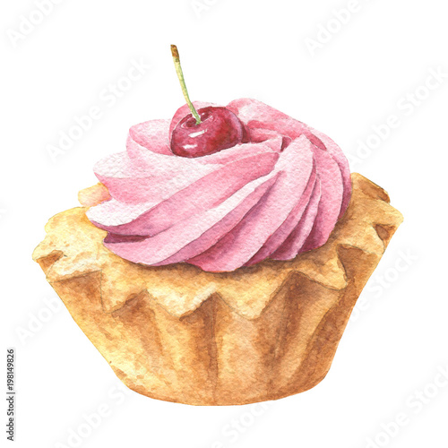 Watercolor cherry cupcake with ppink frosting, hand drawn delicious food illustration, shortcake isolated on white background. photo