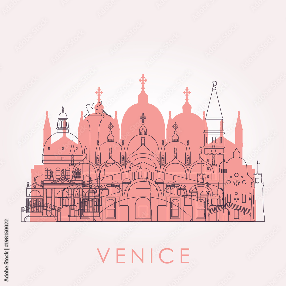 Outline Venice skyline with landmarks. Vector illustration. Business travel and tourism concept with historic buildings. Image for presentation, banner, placard and web site.