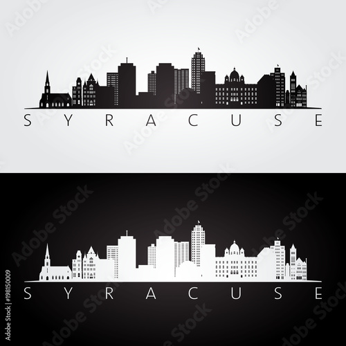 Syracuse USA skyline and landmarks silhouette, black and white design, vector illustration. photo