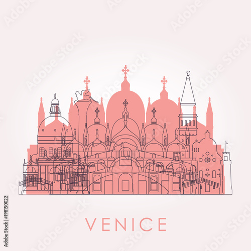 Outline Venice skyline with landmarks. Vector illustration. Business travel and tourism concept with historic buildings. Image for presentation, banner, placard and web site.