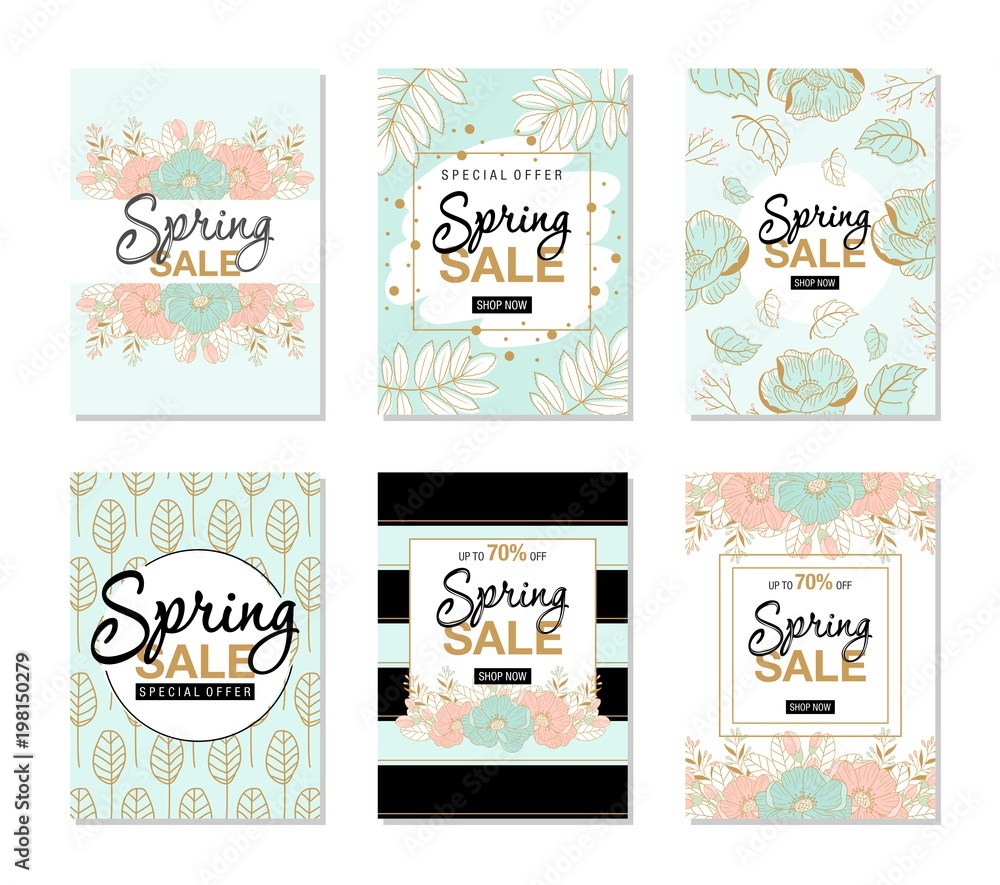 A set of 6 cards. Spring sale background with beautiful flowers. Vector illustration. Frame with colors and words.