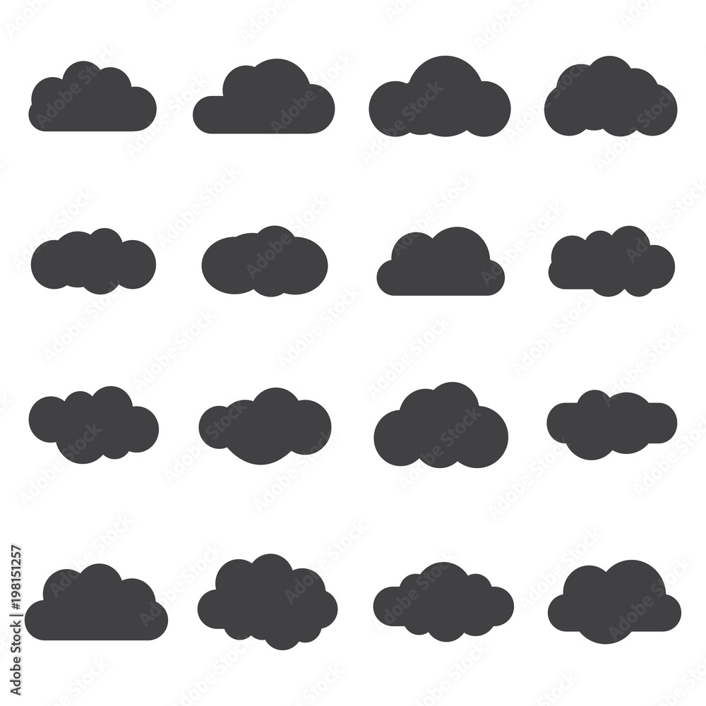 Set of silhouette flat style clouds. Safe, secure and scalable data protection. Cloud storage and sharing over the Internet. Vector flat style cartoon illustration. Set of silhouette flat style clouds. Safe, secure and scalable data protection. Cloud storage and sharing over the Internet. Vector flat style cartoon illustration.