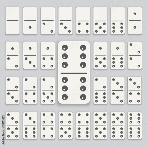 Creative vector illustration of realistic domino full set isolated on transparent background. Dominoes bones art design. Vector flat style cartoon illustration isolated on blue background.