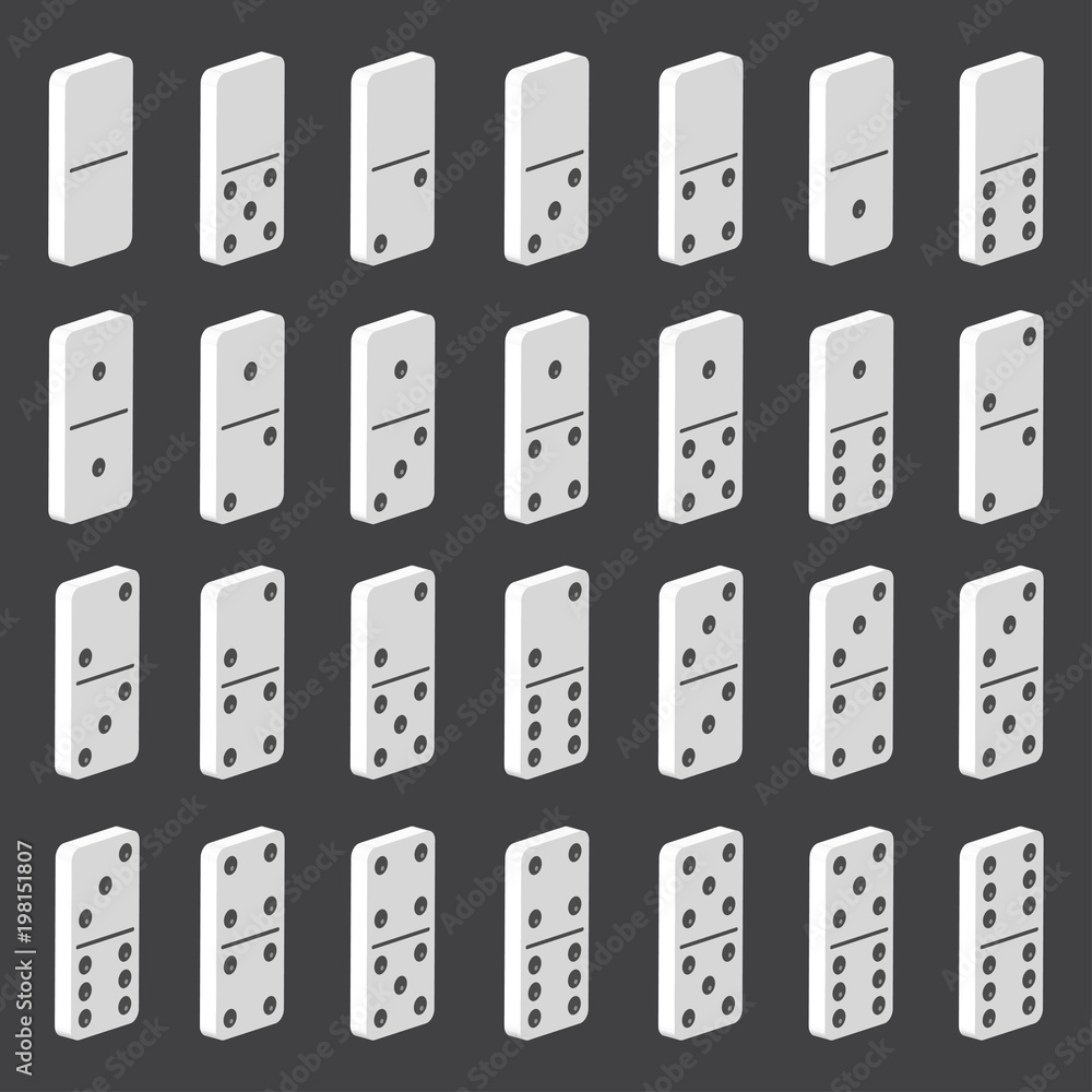 Domino Set Vector Realistic 3D Illustration. Full Classic Game Dominoes Isolated on black background. Modern Collection 28 Pieces.