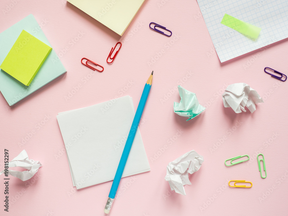 Business flat lay with copy space on a background pink Notebooks to write text stickers Pencil, Stationery color paper clip, calculator Business flat lay with copy space on a background pink Notebooks to write text stickers Pencil, Stationery color paper clip, calculator