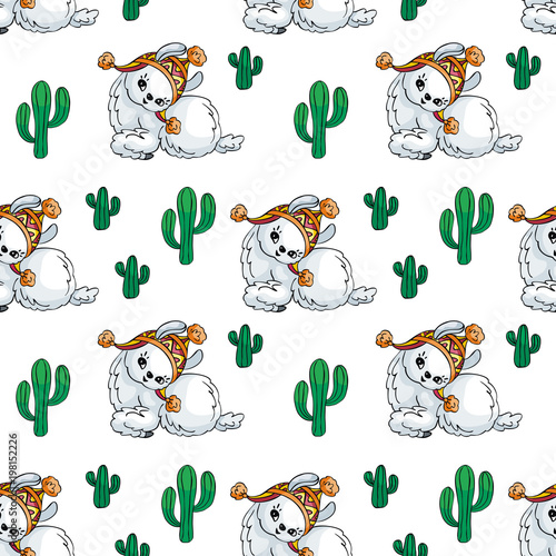 Seamless pattern with the image of cute llamas in doodle style. Colorful vector background