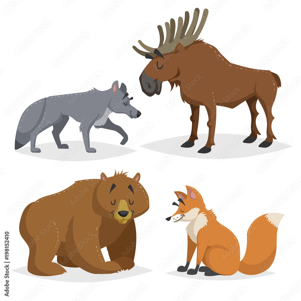 Forest North America and Europe animals set. Wolf, moose, bear and red fox. Happy smiling and cheerful characters. Vector zoo illustrations isolated on white background. Forest North America and Europe animals set. Wolf, moose, bear and red fox. Happy smiling and cheerful characters. Vector zoo illustrations isolated on white background.