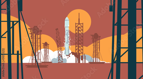 Rocket with spaceship launching at eavening night on orange background