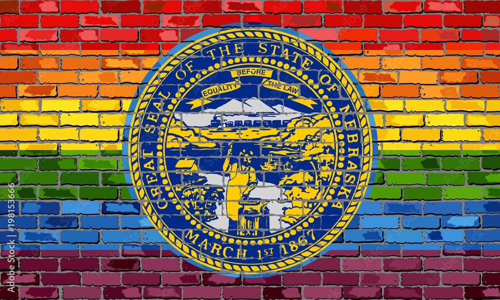 Brick Wall Nebraska and Gay flags - Illustration,
Rainbow flag on brick textured background, 
Abstract grunge Nebraska Flag and LGBT flag