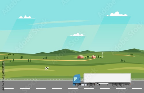 Truck on the road. Summer rural landscape with farm. Heavy trailer truck. Logistic and delivery concept. Vector illustration.