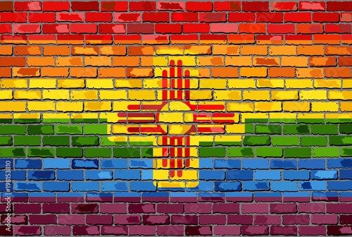 Brick Wall New Mexico and Gay flags - Illustration,
Rainbow flag on brick textured background, 
Abstract grunge New Mexico Flag and LGBT flag