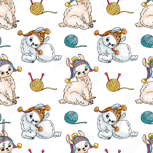 Seamless pattern with the image of cute llamas in doodle style. Colorful vector background