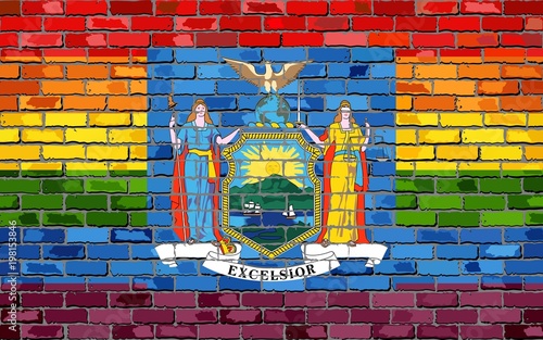 Brick Wall New York and Gay flags - Illustration,
Rainbow flag on brick textured background, 
Abstract grunge New York Flag and LGBT flag
