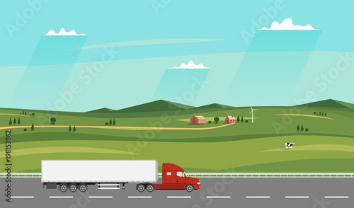 Truck on the road. Summer rural landscape with farm. Heavy trailer truck. Logistic and delivery concept. Vector illustration.