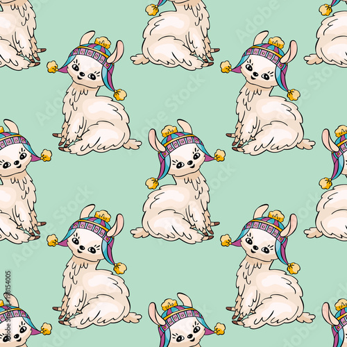 Seamless pattern with the image of cute llamas in doodle style. Colorful vector background