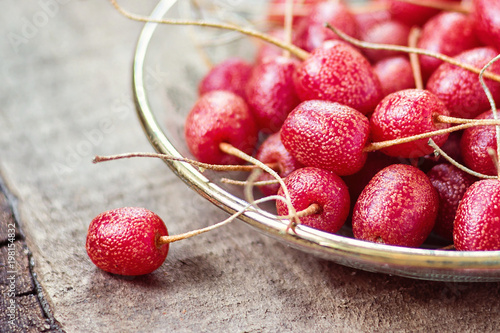 Ripe Autumn Olive Berries Elaeagnus Umbellata on wooden board. Elaeagnus multiflora, Japanese silverberry, cherry silverberry, goumi, gumi, natsugumi, semi-evergreen autumn-olive shrub  Shallow focus.