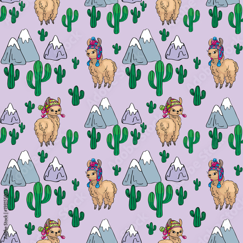 Seamless pattern with the image of cute llamas in doodle style. Colorful vector background