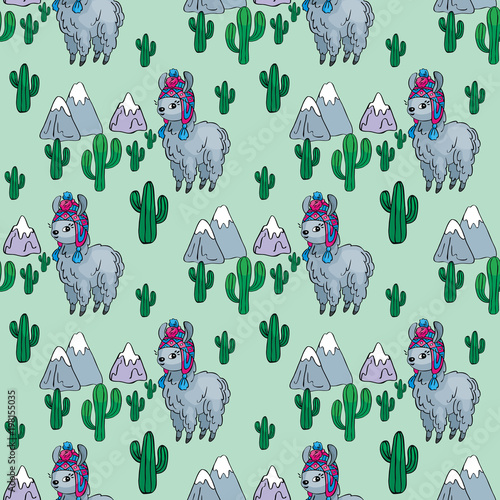 Seamless pattern with the image of cute llamas in doodle style. Colorful vector background
