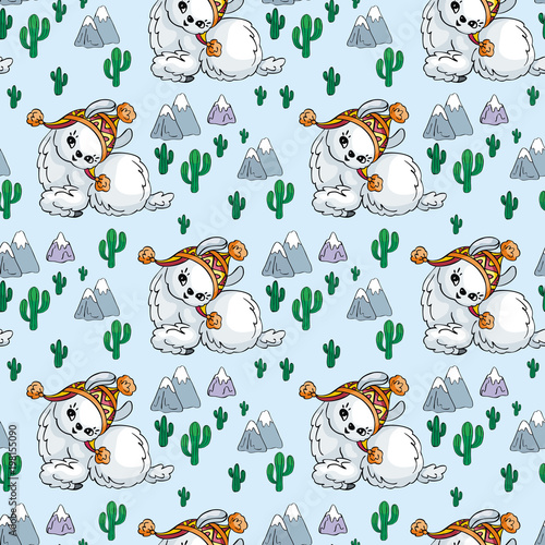 Seamless pattern with the image of cute llamas in doodle style. Colorful vector background