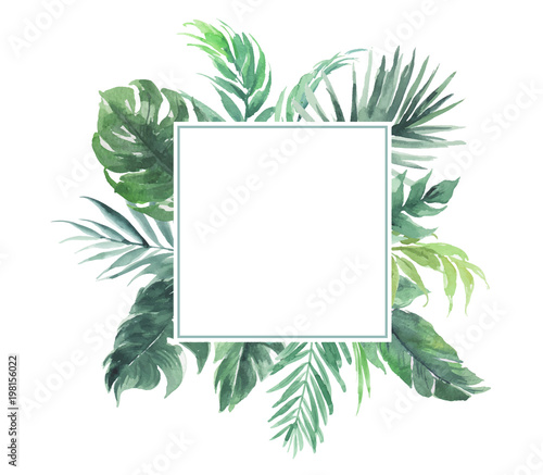 Monstera Deliciosa, summer green leaves border with square blank area wedding template card