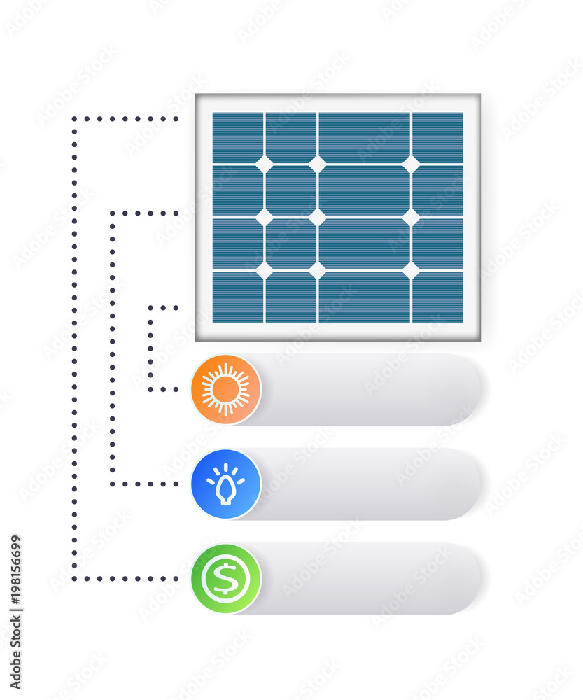 Infographics of the solar panel concept. Renewable energy source. Pattern vector illustration. The generation of electrical energy. Infographics of the solar panel concept. Renewable energy source. Pattern vector illustration. The generation of electrical energy.