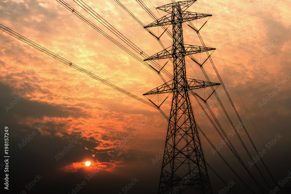 electricity pylon high voltage with sunset