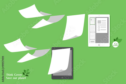 concept of stack white paperless go green, save the planet, earth, trees, leaf logo, documents turned into digital big data, business device, tablet, screen display, future technology, flat vector.