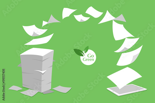 concept of stack white paperless go green, save the planet, earth, trees, leaf logo, documents turned into digital big data, business device, tablet, screen display, future technology, flat vector.