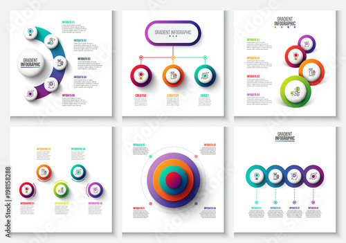 Vector gradient infographic and marketing elements. Can be used for presentation, diagrams, annual report, web design. Business concept with 3, 4, 5 and 6 options, steps or processes.