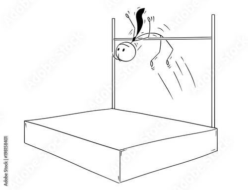 Cartoon stick man drawing conceptual illustration of businessman doing high jump over bar. Business concept of individuality, career and success.