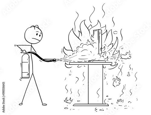 Cartoon stick man drawing conceptual illustration of businessman fighting the fire on office desk and computer using extinguisher.