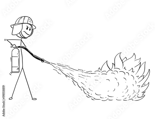 Cartoon stick man drawing illustration of firefighter fighting the fire using extinguisher.