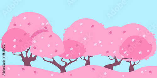Blossom sakura tree. Landscape Pink cherry. Flat design. Vector illustration