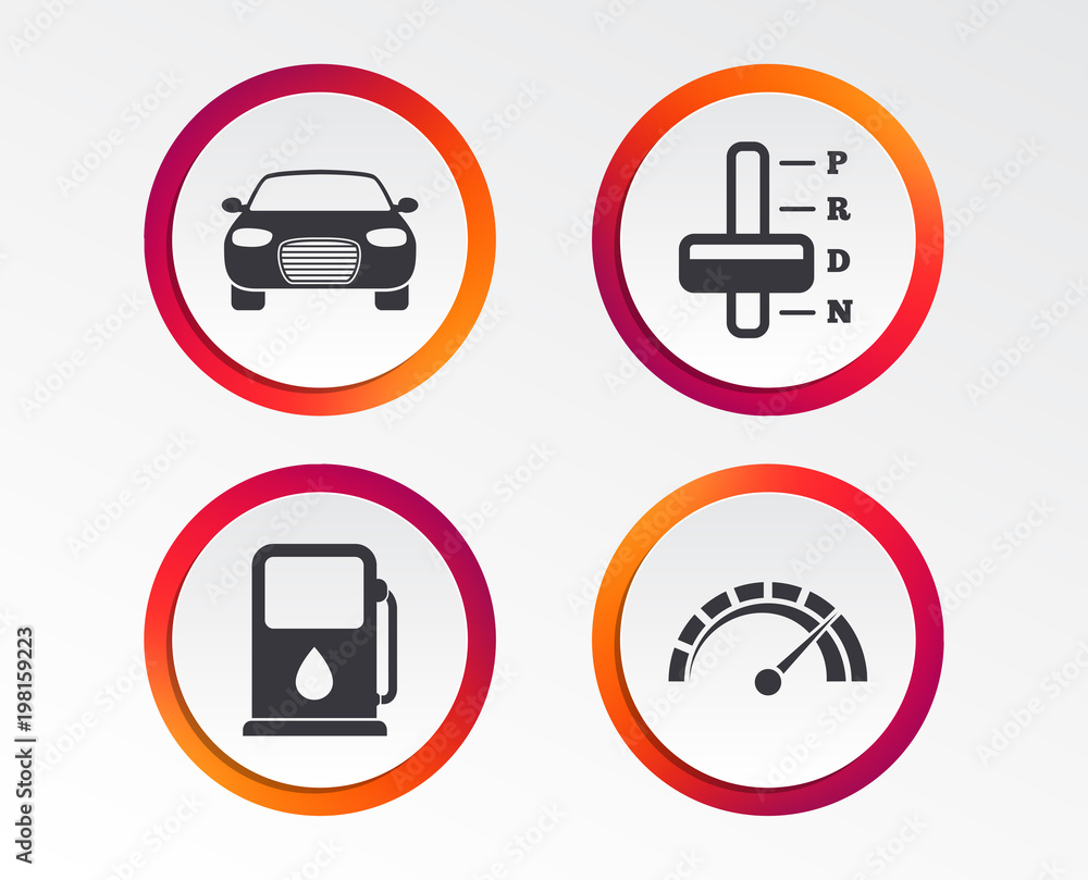 Transport icons. Car tachometer and automatic transmission symbols. Petrol or Gas station sign. Infographic design buttons. Circle templates. Vector