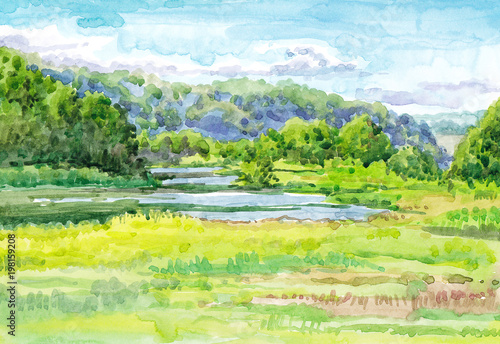 Watercolor landscape with river
