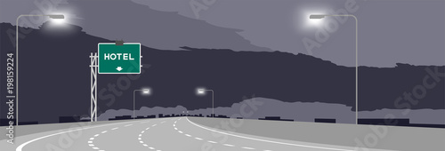 Highway or motorway and green signage with Hotel sign at nighttime illustration isolated on dark sky background