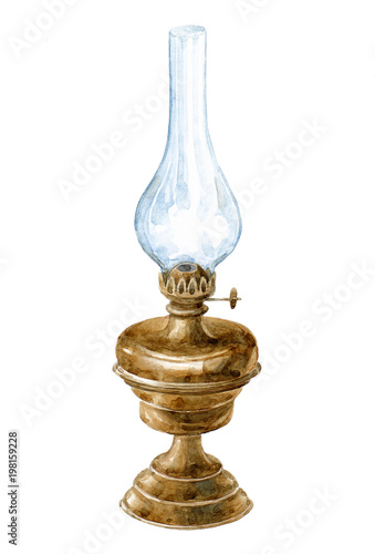 Photography Watercolor hand-drawn illustration of kerosene lamp on white background (isolate