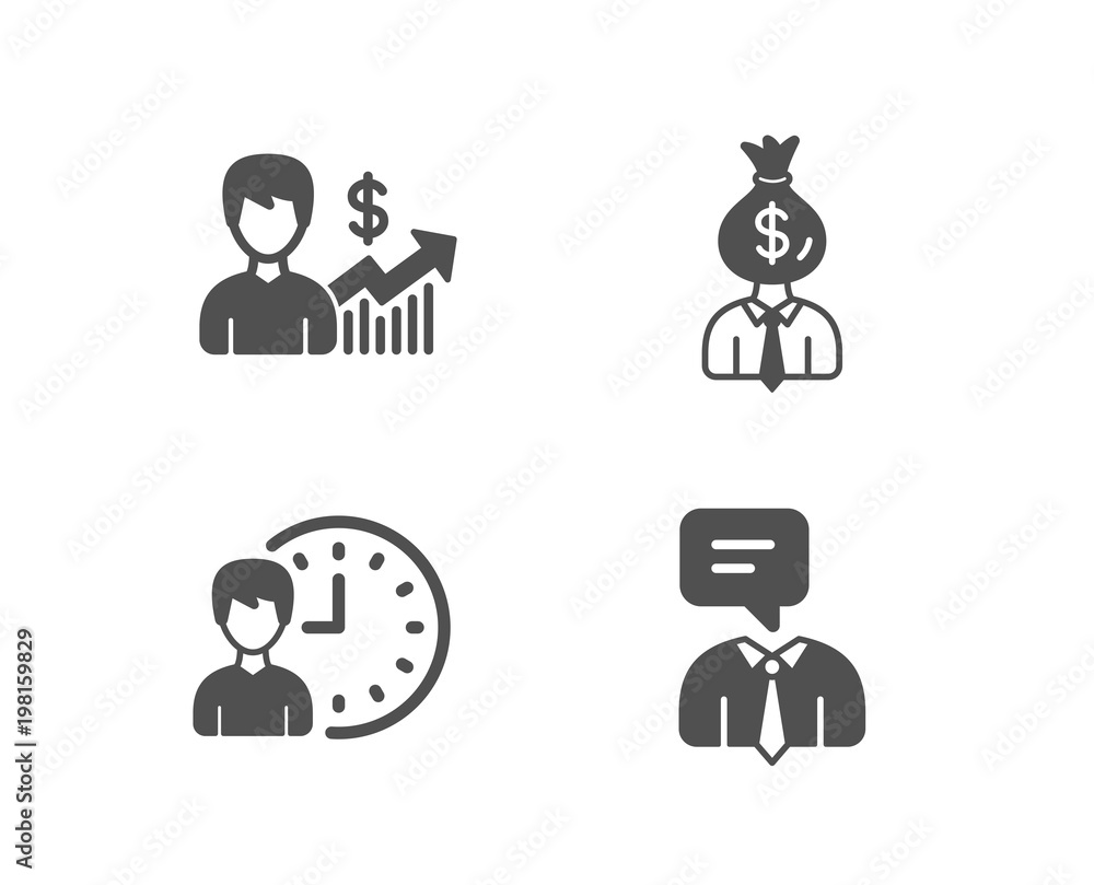 Fototapeta premium Set of Business growth, Manager and Working hours icons. Support service sign. Earnings results, Work profit, Project deadline. Human talking. Quality design elements. Classic style. Vector