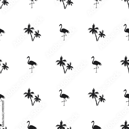 Seamless pattern of small black flamingos and palm trees on a white background